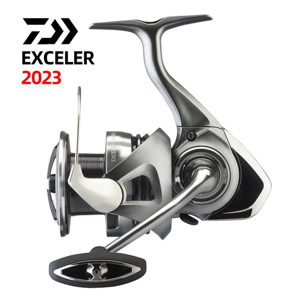 Silver spinning fishing reel with black handle and bail, front three-quarter view