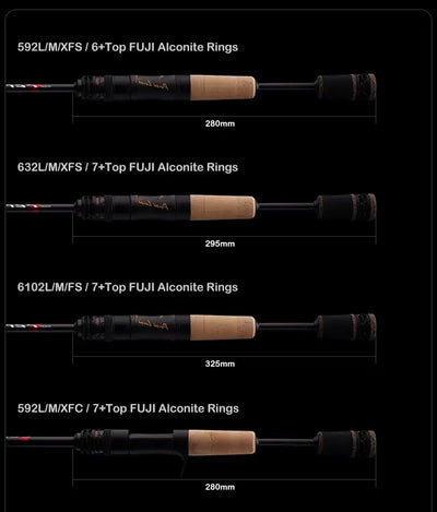 Fishing rod with cork grip and black handle, shown with ring layout and lengths
