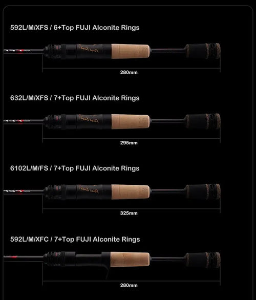Fishing rod with cork grip and black handle, shown with ring layout and lengths