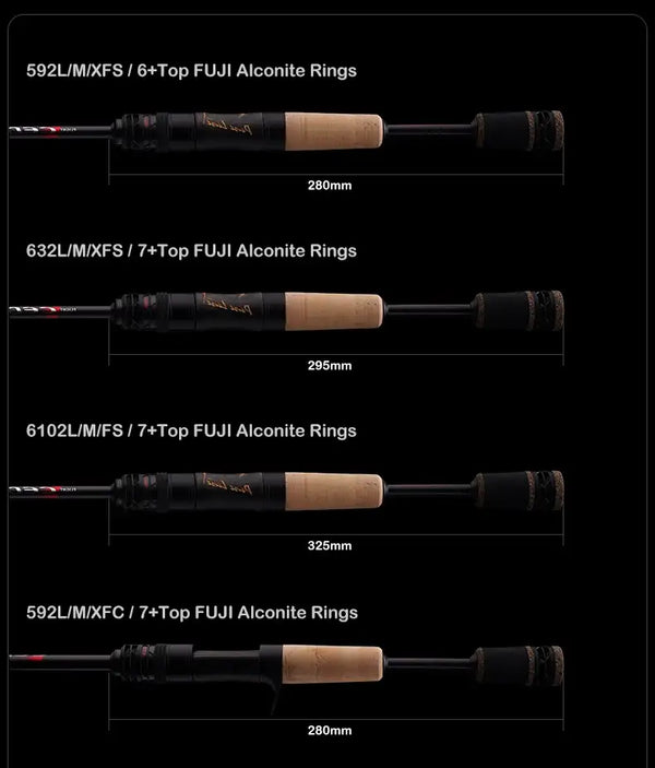 Fishing rod with cork grip and black handle, shown with ring layout and lengths