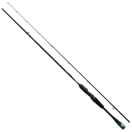 Ultralight fishing rod, long black blank with guides and green tip accent