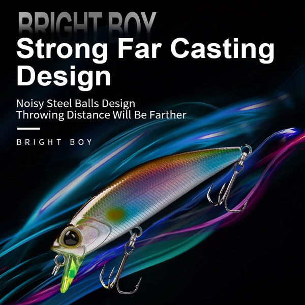 Sinking minnow lure, metallic blue-purple body with chartreuse belly, two treble hooks