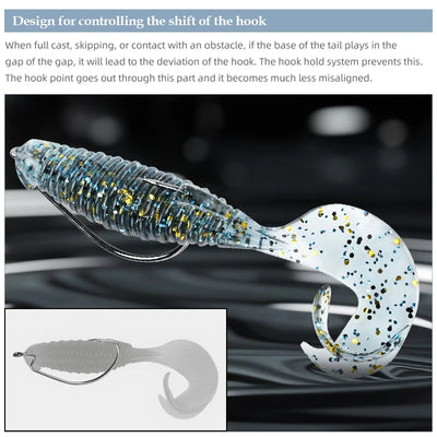 Ribbed soft plastic flapper grub lure with white-and-blue speckled paddle tail and hook