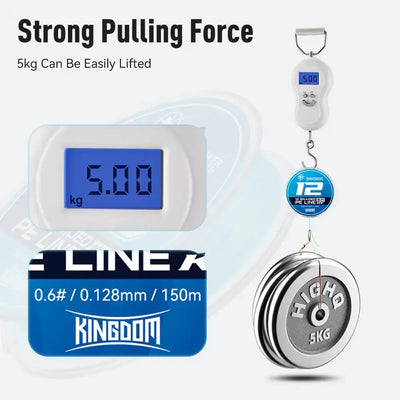 12-strand blue braided PE fishing line with weight test display
