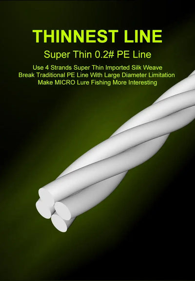 White braided PE fishing line strands, angled view with rounded line ends.