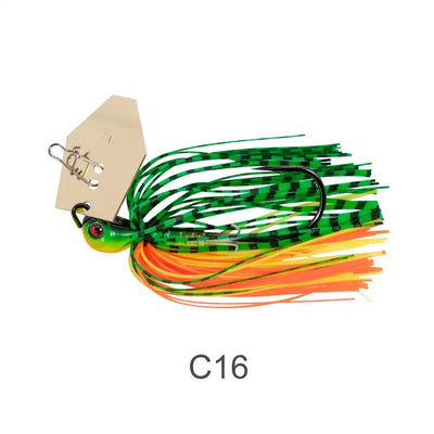 Chatterbait bladed jig with green-and-orange skirt, beige blade, red-and-black eye, treble hooks