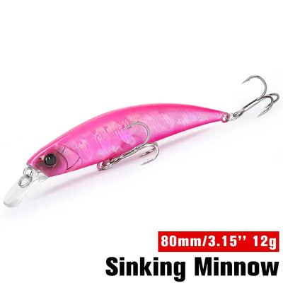 Sinking minnow fishing lure, pink body with silver sides and treble hooks