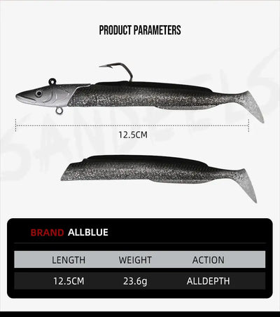 12.5 cm soft paddle tail fishing lure shown in two views, dark gray/silver body.