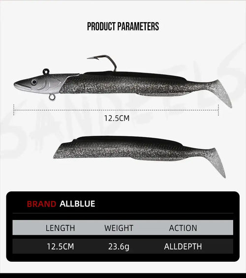12.5 cm soft paddle tail fishing lure shown in two views, dark gray/silver body.