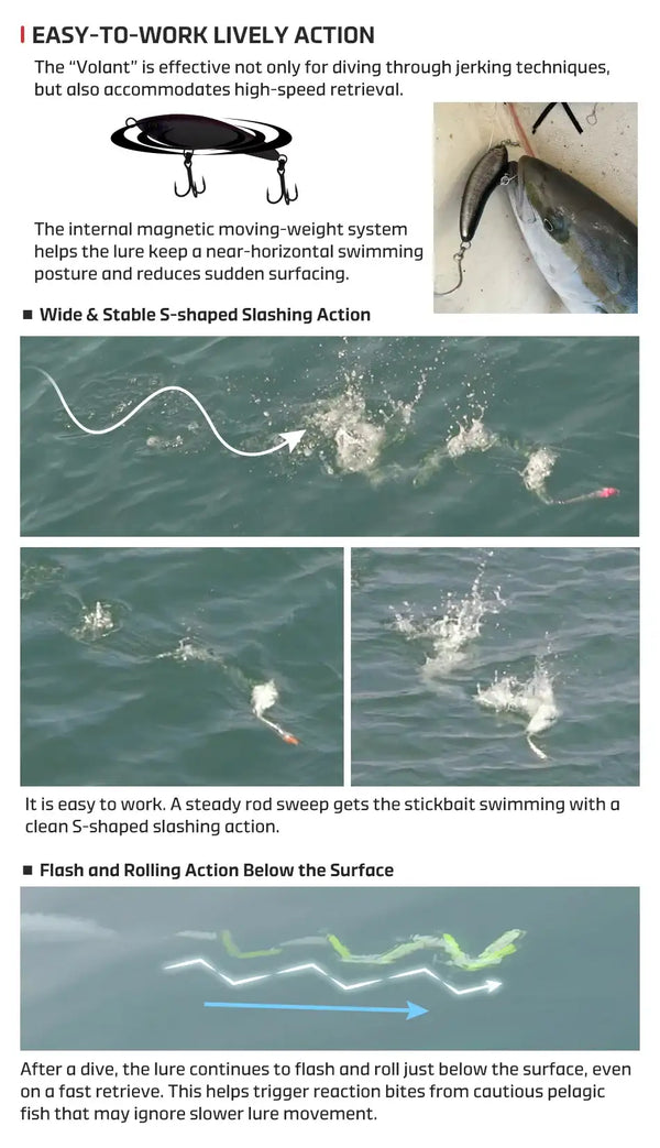 Floating stickbait underwater action illustration, S-shaped slashing swimming motion