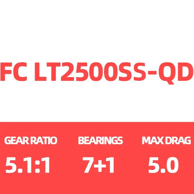Spinning reel label: FC LT2500SS-QD, Gear Ratio 5.1:1, 7+1 bearings, Max Drag 5.0