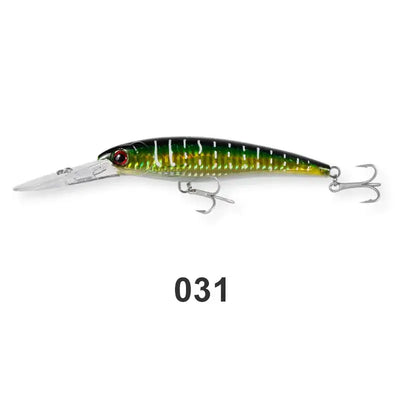 Saltwater minnow trolling wobbler lure, green-yellow body with red eye and treble hooks