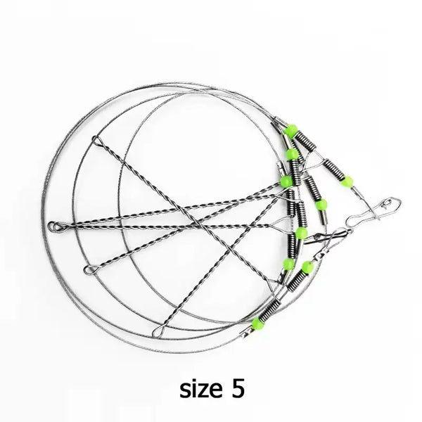 Steel wire fishing leader rig, size 5, with luminous green beads and snap clips