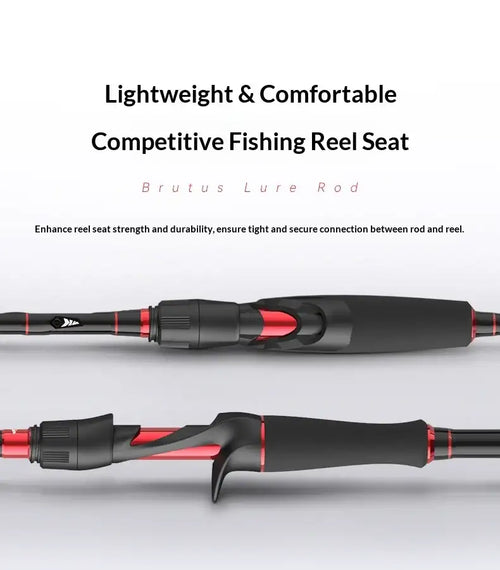 Spinning fishing rod with red-accent reel seat and ergonomic handle