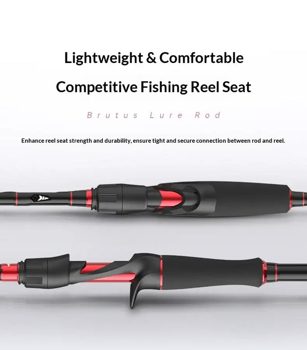 Spinning fishing rod with red-accent reel seat and ergonomic handle