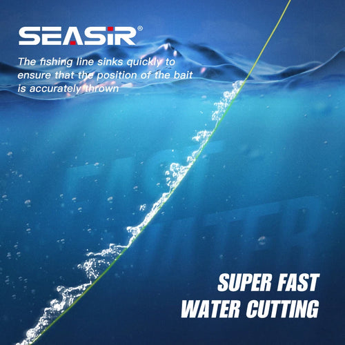 Braided fishing line cutting through water surface, bright green line trace