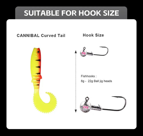 Curved-tail soft swimbait lure with hook-size diagram for 8g and 22g jig heads.