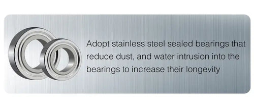 Feature graphic for sealed stainless steel bearings to reduce dust and water