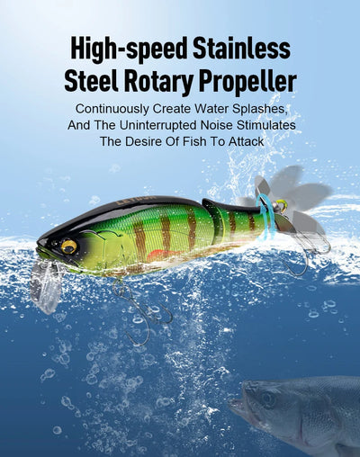 Green and yellow rotating prop fishing lure with red stripe, silver lip, and treble hooks