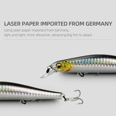 Minnow fishing lure pair with silver scales and yellow-green head, treble hooks