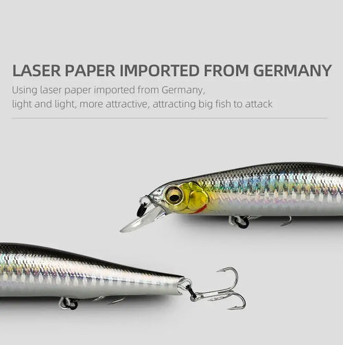 Minnow fishing lure pair with silver scales and yellow-green head, treble hooks