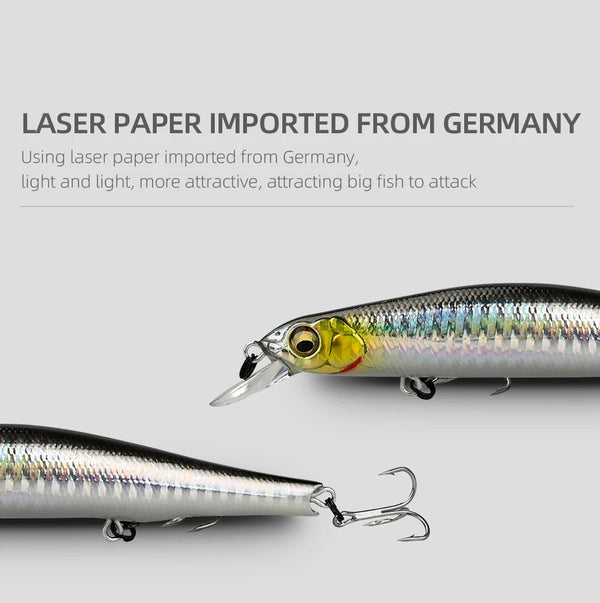 Minnow fishing lure pair with silver scales and yellow-green head, treble hooks