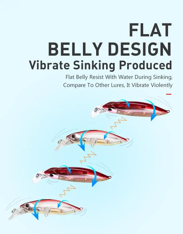 Sinking minnow fishing lure set featuring flat belly design on four red and silver lures