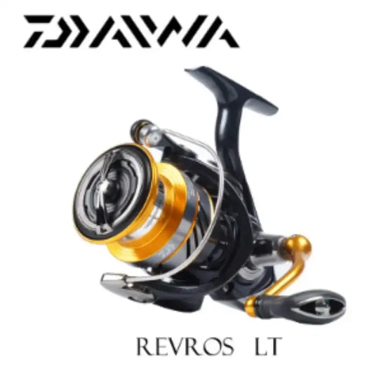 Spinning reel with black body, gold spool, and gold handle knob for right-side crank