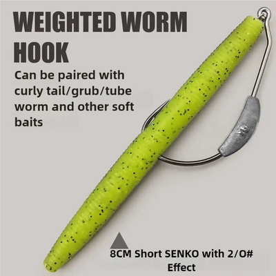 Weighted worm hook with long bright green lure, screw-in weighted hook