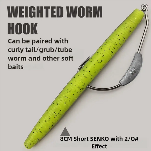 Weighted worm hook with long bright green lure, screw-in weighted hook