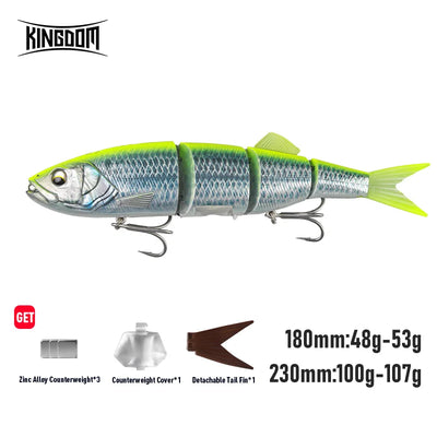 Kingdom 4-segment jointed swimbait hard body lure, light blue silver with green tail