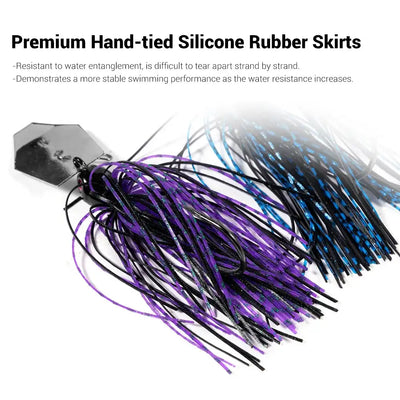 Bladed chatterbait jig with purple and blue silicone skirt strands, metal blade