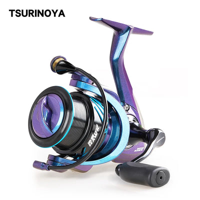 Blue/purple spinning reel with long shallow spool and black handle