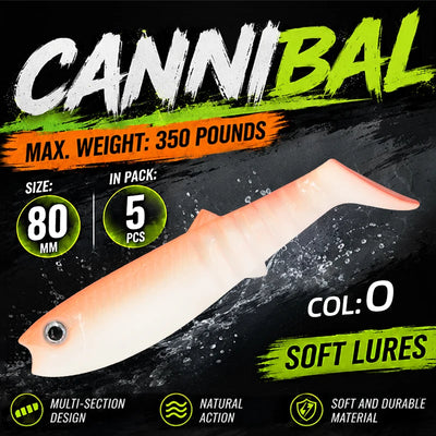 White-orange paddle tail swimbait with round eye and translucent belly.