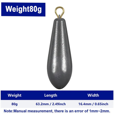FishTrip willow leaf lead sinker, 80g, teardrop shape with brass eyelet