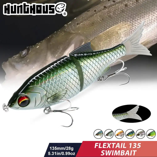 Hunthouse Flextail 135 jointed swimbait, green-and-silver scales, white feather tail, treble hooks