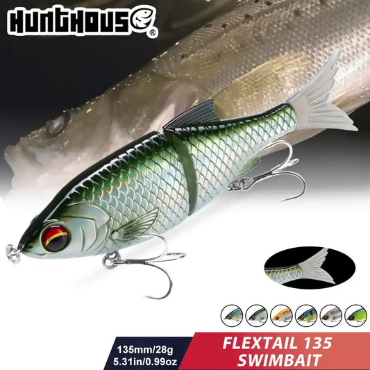 Hunthouse Flextail 135 jointed swimbait, green-and-silver scales, white feather tail, treble hooks