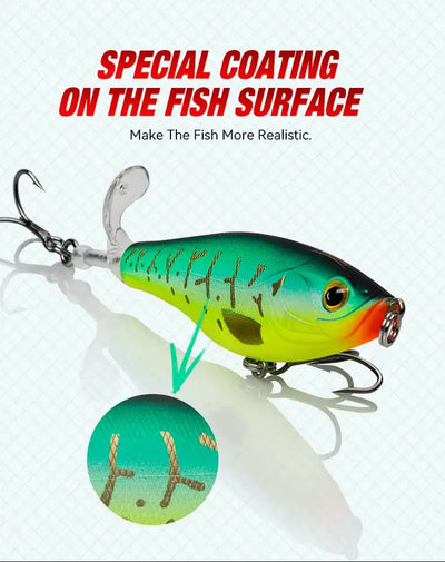 Floating hard lure with green-yellow scale pattern, silver prop, and treble hooks