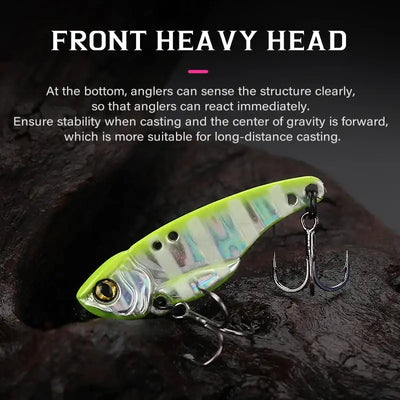 Tsurinoya Ares-A metal vib fishing lure lime green silver 3d eye 3 treble hooks low centre gravity 5 colors