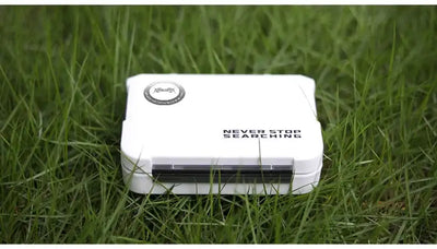 KINGDOM mini fishing tackle box storage case, white lid with logo, outdoors on grass