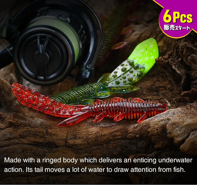 Green and red Nebula shrimp soft lures with ringed segmented bodies and multiple legs.