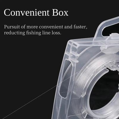 Fluorocarbon fishing line spool in clear convenient box holder