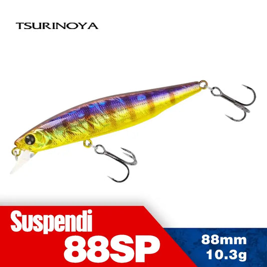 Suspending jerkbait minnow lure with purple-blue and yellow body and two treble hooks