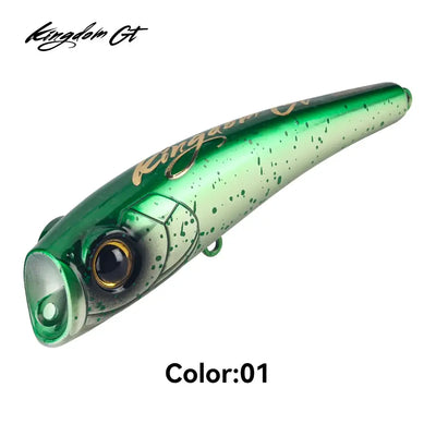 Kingdom GT popper lure, green speckled floating topwater with front lip and hooks