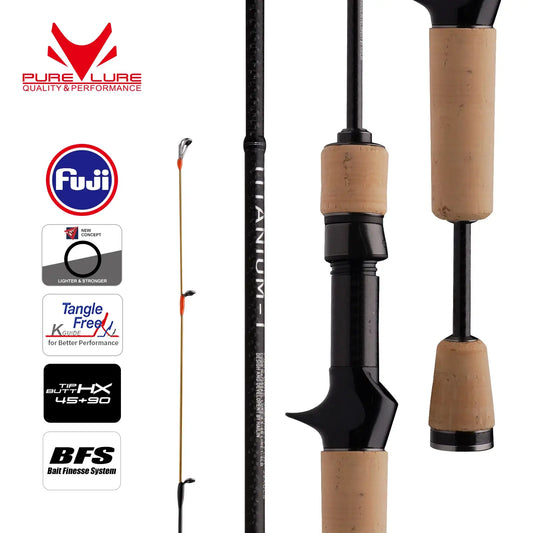Titanium-T BFS lure rod with cork grips, black sections, and compact titanium tip