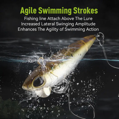 Gold micro sinking pencil lure with treble hooks breaking water surface