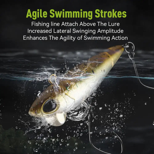 Gold micro sinking pencil lure with treble hooks breaking water surface