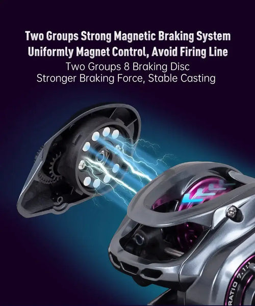 Micro baitcasting fishing reel showing internal side plate and pink spool, braking disc detail