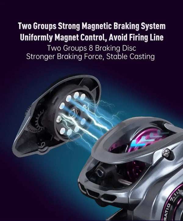 Micro baitcasting fishing reel showing internal side plate and pink spool, braking disc detail