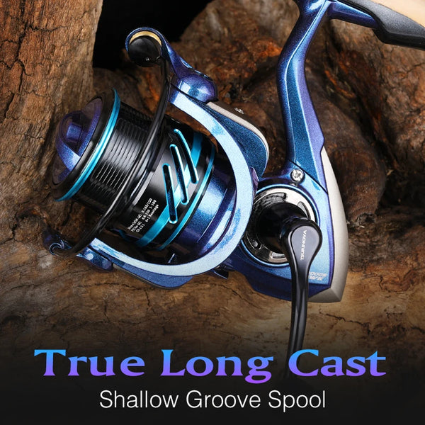 Blue and purple spinning reel on rock with handle and bail visible